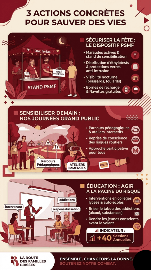 Infographie des 3 piliers d'action de l'association La Route des Familles Brisées : Prévention festive PSMF, sensibilisation grand public et éducation scolaire dans les Landes.