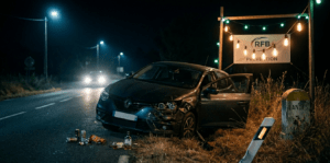 Photographie au format 16/9 illustrant un accident de voiture nocturne sur le bas-côté d'une route départementale dans les Landes. Une voiture noire a l'avant enfoncé et la portière conducteur ouverte près d'une borne kilométrique indiquant "LANDES". Au sol, des bouteilles d'alcool et des canettes sont éparpillées. En arrière-plan, une guirlande lumineuse de fête éclaire un panneau de l'association RFB Prévention.