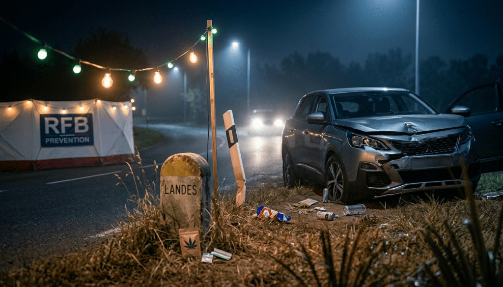 Photographie au format 16/9 d'un accident de voiture sur le bas-côté d'une route de nuit dans les Landes. Au premier plan, une borne kilométrique marquée "LANDES" est entourée de débris, de sachets évoquant des stupéfiants et d'une guirlande lumineuse festive. En arrière-plan, la voiture grise présente un avant enfoncé, une portière ouverte, face à une tente de l'association RFB Prévention éclairée dans l'obscurité.
