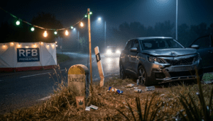 Photographie au format 16/9 d'un accident de voiture sur le bas-côté d'une route de nuit dans les Landes. Au premier plan, une borne kilométrique marquée "LANDES" est entourée de débris, de sachets évoquant des stupéfiants et d'une guirlande lumineuse festive. En arrière-plan, la voiture grise présente un avant enfoncé, une portière ouverte, face à une tente de l'association RFB Prévention éclairée dans l'obscurité.