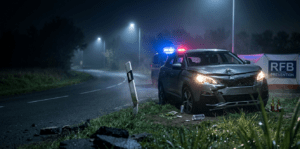 Photographie d'un accident de voiture sur une route départementale la nuit, avec des phares allumés. Près de la voiture accidentée, au premier plan, on distingue de l'herbe et des traces qui suggèrent un écart de trajectoire. Le ciel est noir et la route est éclairée de façon minimaliste par les phares de la voiture et un lampadaire distant, évoquant le danger invisible des stupéfiants au volant.