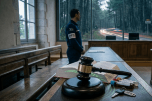 Photographie au format 16/9, vue en plongée dans une salle d'audience de tribunal. Au premier plan sur une table en bois, un marteau de justice repose sur un Code Pénal ouvert. À côté, des tubes d'analyse sanguine forensique, des clés de voiture et un badge d'analyse. Des arcs de données conceptuels verts connectent ces éléments, menant à des icônes d'enquête (« FACTEUR HUMAIN », « FACTEUR INFRASTRUCTURE D40 »). En arrière-plan, un officier de la RFB (en uniforme bleu, insigne RFB Prévention visible) supervise. À l'arrière-plan, une fenêtre donne sur une route forestière landaise (D40) au crépuscule. L'image capture l'atmosphère d'une analyse rigoureuse et de revendications pour l'Homicide Routier. Le logo RFB Prévention est en bas à droite.