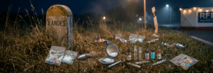 Bannière panoramique de nuit sur le bas-côté d'une route des Landes. Près d'une borne kilométrique marquée "LANDES", de nombreux sachets et flacons illustrant différents stupéfiants (comprimés colorés, poudres, fioles, capsules de gaz) sont disposés au sol dans l'herbe. En arrière-plan, une guirlande lumineuse festive et la tente de l'association RFB Prévention complètent la scène sous un ciel nocturne.