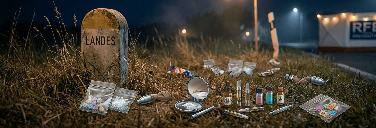 Bannière panoramique de nuit sur le bas-côté d'une route des Landes. Près d'une borne kilométrique marquée "LANDES", de nombreux sachets et flacons illustrant différents stupéfiants (comprimés colorés, poudres, fioles, capsules de gaz) sont disposés au sol dans l'herbe. En arrière-plan, une guirlande lumineuse festive et la tente de l'association RFB Prévention complètent la scène sous un ciel nocturne.