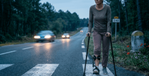 Photographie au format 16/9 illustrant les séquelles d'un accident de la route au crépuscule. Au premier plan, une femme avance avec difficulté sur un passage piéton à l'aide de deux béquilles noires, portant une attelle orthopédique lourde à la jambe droite. Elle se trouve au bord d'une route départementale des Landes traversant une forêt de pins. À droite, une borne kilométrique marquée « LANDES » côtoie quelques coquelicots sauvages, et un panneau routier indique la « D40 ». En arrière-plan, les phares allumés de deux voitures en approche se reflètent sur la chaussée humide. Le logo RFB Prévention est visible en bas à droite.
