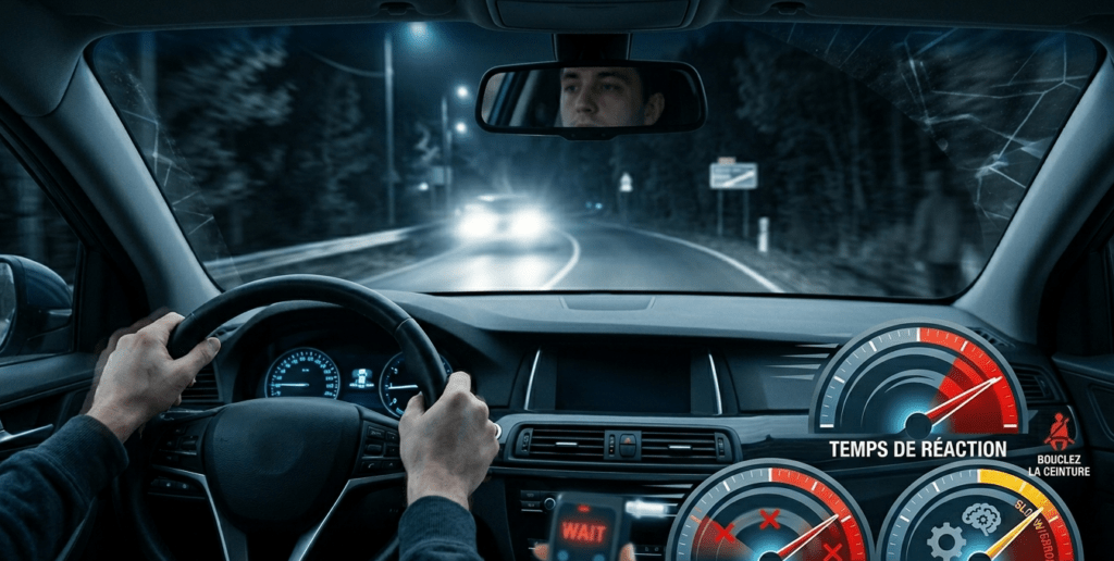 Photographie au format 16/9 depuis l'intérieur d'un véhicule montrant les mains d'un conducteur sur le volant, de nuit face à des phares éblouissants. À droite, trois jauges graphiques en français indiquent les perturbations : un indicateur rouge pour le « Temps de Réaction », un cadran barré de croix rouges pour le « Champ Visuel » (effet tunnel) et une jauge jaune pour la « Fonction Cognitive ». Un voyant rouge rappelle également l'absence de ceinture de sécurité.