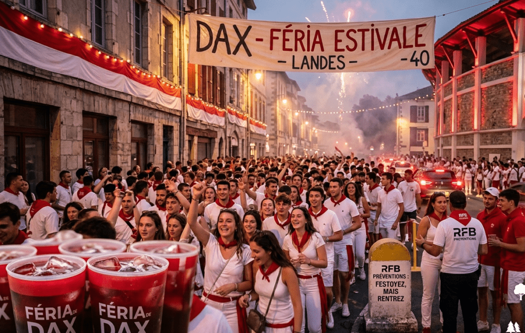 Photographie au format 16/9 illustrant l'ambiance festive et les enjeux de sécurité routière lors de la Féria de Dax en été. Au premier plan à gauche, des gobelets rouges remplis de sangria portent l'inscription « FÉRIA DE DAX ». Une foule compacte de festayres habillés en blanc avec des foulards rouges s'amuse dans une rue décorée aux couleurs blanche et rouge. Une grande banderole suspendue affiche « DAX - FÉRIA ESTIVALE - LANDES - 40 » sous des feux d'artifice lointains. À droite, devant les arènes éclairées de rouge (« Dax arena »), des voitures circulent phares allumés au milieu des piétons. Une borne commémorative affiche « RFB PRÉVENTIONS : FESTOYEZ, MAIS RENTREZ ». Des bénévoles en t-shirt blanc de l'association échangent avec des jeunes. Le logo RFB Prévention et des icônes de sensibilisation sont intégrés en bas à droite.
