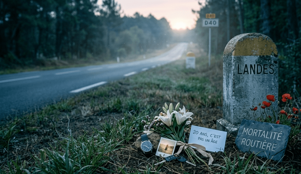 Photographie au format 16/9 d'un lieu de recueillement au lever du jour au bord d'une route déserte traversant la forêt des Landes. À droite, une borne kilométrique ancienne indique « LANDES », à côté de laquelle est posée une plaque en ardoise gravée « MORTALITÉ ROUTIÈRE » et quelques coquelicots rouges. Au sol, dans l'herbe, un hommage est dressé : un bouquet de lys blancs avec un ruban, une montre d'homme, des clés de voiture, une petite photo argentique et un mot manuscrit disant « 20 ans, c'est pas un âge ». En arrière-plan, la route vide s'étire vers l'horizon sous un ciel matinal, à côté d'un panneau routier indiquant la « D40 ».