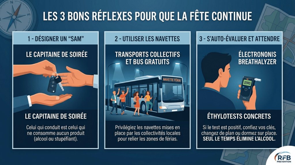 Infographie au format 16/9 sur fond bleu intitulée « Les 3 bons réflexes pour que la fête continue ». Le visuel est divisé en trois sections verticales : la première montre une transmission de clés de voiture pour désigner un « Sam » capitaine de soirée ; la deuxième illustre des fêtards qui montent à bord d'un bus de nuit marqué « Navette Féria » ; la troisième présente un homme de profil qui utilise un éthylotest électronique affichant un résultat zéro. Le logo RFB Prévention apparaît discrètement en bas à droite.