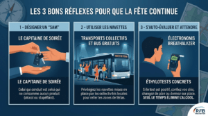 Infographie au format 16/9 sur fond bleu intitulée « Les 3 bons réflexes pour que la fête continue ». Le visuel est divisé en trois sections verticales : la première montre une transmission de clés de voiture pour désigner un « Sam » capitaine de soirée ; la deuxième illustre des fêtards qui montent à bord d'un bus de nuit marqué « Navette Féria » ; la troisième présente un homme de profil qui utilise un éthylotest électronique affichant un résultat zéro. Le logo RFB Prévention apparaît discrètement en bas à droite.