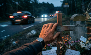 Photographie au format 16/9 illustrant l'impact de la mortalité routière au crépuscule sur une route départementale des Landes. Au premier plan, la main d'un homme se pose avec émotion sur une croix en bois commémorative plantée au bord de la chaussée, entourée de bouquets de fleurs et de petits mots blancs où l'on peut lire « À mon fils, parti trop tôt » et « 20 ans, c'est pas un âge ». Juste à côté se trouve une borne kilométrique marquée « LANDES » et un panneau routier indiquant la route « D40 ». En arrière-plan, des voitures circulent phares allumés le long d'une forêt de pins. Le logo RFB Prévention est discrètement intégré en bas à droite, avec des effets graphiques légers de verre brisé et d'icônes de sécurité routière sur les bords de l'image.