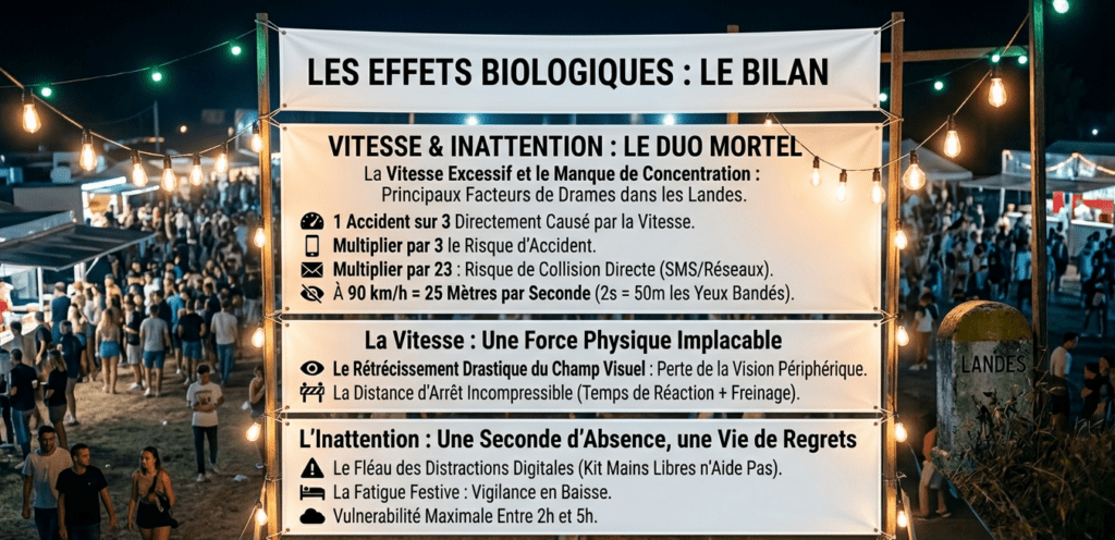 Photographie au format 16/9 d'un grand panneau d'information blanc installé de nuit lors d'une fête locale dans les Landes. Entouré de guirlandes lumineuses, le panneau détaille en texte noir les effets biologiques de la vitesse et de l'inattention au volant (statistiques, rétrécissement du champ visuel, temps de réaction, fatigue entre 2h et 5h). À gauche, on aperçoit la foule de l'événement festif en arrière-plan, et à droite, une borne kilométrique marquée « LANDES » ainsi que le logo RFB Prévention en bas du panneau.