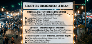 Photographie au format 16/9 d'un grand panneau d'information blanc installé de nuit lors d'une fête locale dans les Landes. Entouré de guirlandes lumineuses, le panneau détaille en texte noir les effets biologiques de la vitesse et de l'inattention au volant (statistiques, rétrécissement du champ visuel, temps de réaction, fatigue entre 2h et 5h). À gauche, on aperçoit la foule de l'événement festif en arrière-plan, et à droite, une borne kilométrique marquée « LANDES » ainsi que le logo RFB Prévention en bas du panneau.