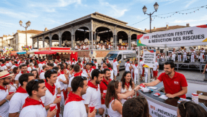 Des jeunes festivaliers en rouge et blanc à la Féria de Dax reçoivent des kits de prévention (éthylotests, protections de verres) au stand de l'association RFB, près du départ des navettes Kékébus.