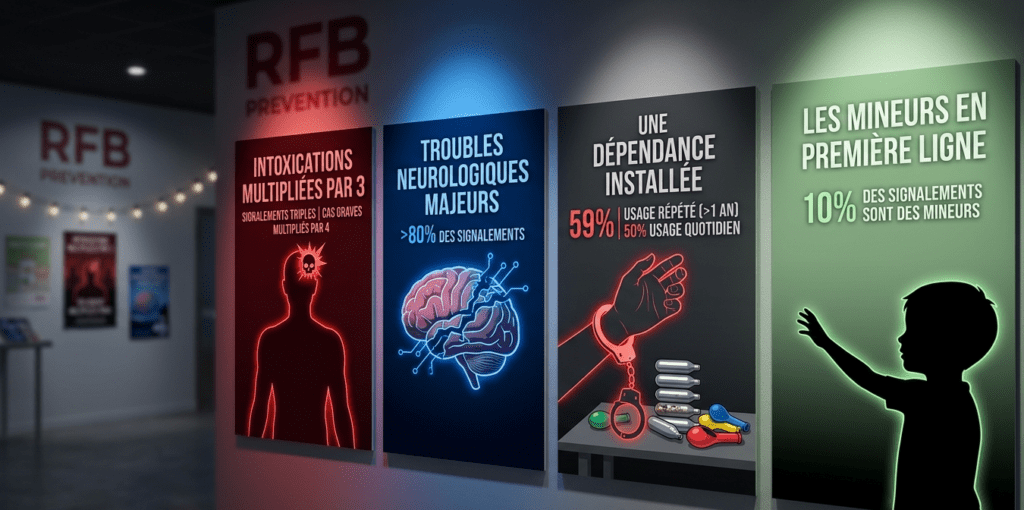 Infographie d'exposition murale de l'association RFB présentant quatre panneaux statistiques sur les dangers de la consommation détournée de protoxyde d'azote. De gauche à droite : un panneau rouge illustrant les intoxications multipliées par trois avec une silhouette et une icône de crâne sur la tête ; un panneau bleu montrant les troubles neurologiques majeurs avec un cerveau fracturé et un circuit ; un panneau gris illustrant la dépendance avec une main menottée et des cartouches de gaz au sol ; un panneau vert montrant l'impact sur les mineurs avec la silhouette d'un jeune enfant tendant le bras. L'arrière-plan montre une salle d'exposition de prévention floue.