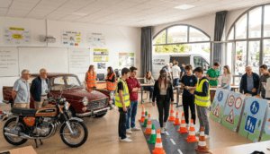 Prévention en Établissements et Milieux Éducatifs (PEME) Des jeunes et des familles participent à un atelier de prévention routière avec parcours de simulation et voitures de collection sur le parvis des Halles de Dax.