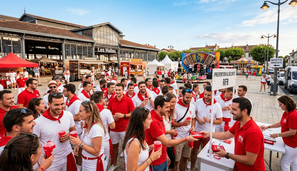 Équipe de prévention distribuant des kits de sécurité et sensibilisant les festivaliers lors d’un événement festif à Dax