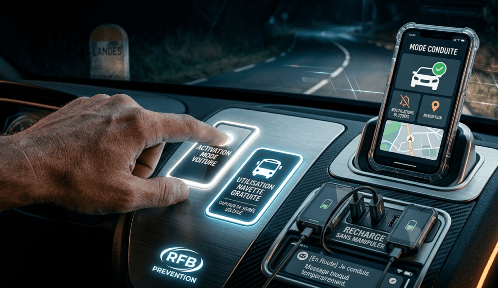 Photographie au format 16/9 de l'intérieur d'un véhicule de nuit, mettant en avant la console centrale. Une main d'homme appuie sur un bouton lumineux marqué « ACTIVATION MODE VOITURE ». À côté, un second bouton rétroéclairé indique « UTILISATION NAVETTE GRATUITE ». Sur un support de tableau de bord, un smartphone affiche l'écran « MODE CONDUITE » avec « NOTIFICATIONS BLOQUÉES ». En dessous, deux téléphones sont branchés sur une station de recharge intégrée portant l'inscription « RECHARGE SANS MANIPULER », affichant le message automatique « En Route Je conduis ». Le logo RFB Prévention est visible en bas à gauche et une borne kilométrique « LANDES » apparaît floutée en arrière-plan à travers le pare-brise.