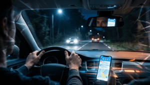 Vue depuis l'habitacle d'une voiture circulant de nuit sur une route. Le conducteur tient le volant à deux mains pendant que le passager avant tient un smartphone allumé affichant une application de navigation et des notifications. Dans le rétroviseur central, le reflet des yeux du conducteur est visible, distrait par l'écran. Au loin à travers le pare-brise, les phares d'une voiture arrivant en sens inverse éclairent la chaussée.